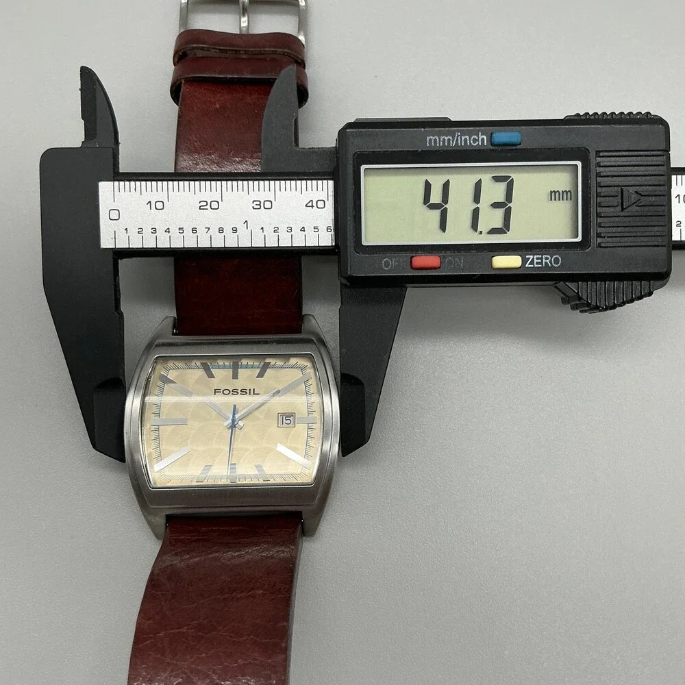 Fossil JR-8118 Mens Watch 41mm Champagne Dial Leather Date Tonneau New Battery